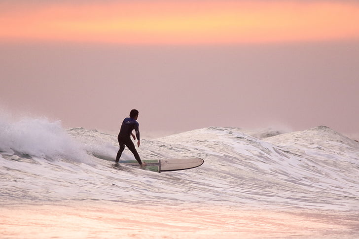 zachód słońca, Surfer, surfing, Ocean, fale, wody, morze
