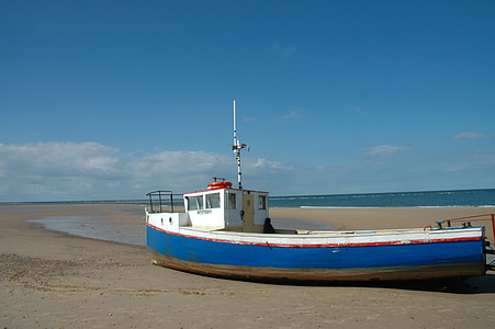 boot, fishing boat, sea, beach, blue, mystery, sky