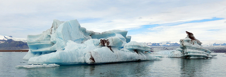 brelagunen Jökulsárlón, innsjø, vann, isen, isfjell, kjøring isfjellet, vulkansk aske