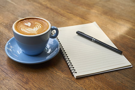 kaffe, penn, notatblokk, arbeid, bok, koffein, mat Foto