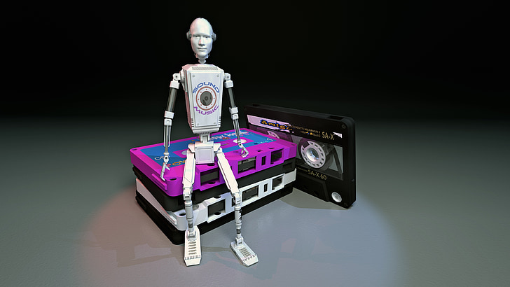 Droid, robot, K7, paper d'empaperar, 3D, fons, taula de treball