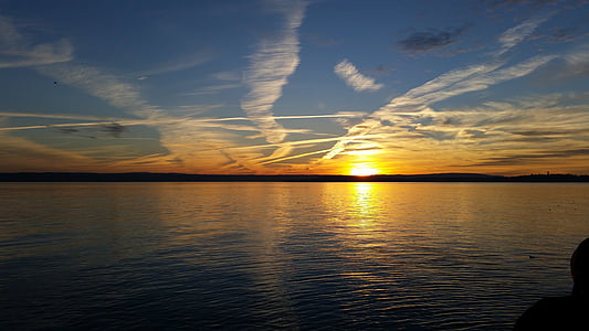 lake constance, sunset, water, lake, sky, abendstimmung, port