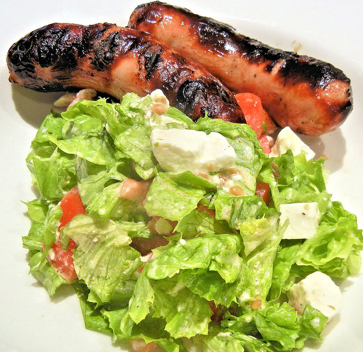 green salad, bbq sausage, feta cheese, tomato, food