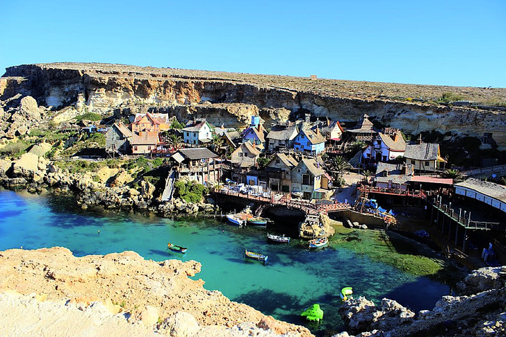 Malta, Popeye village, Barcos, arquitetura, água, gozo, oceano