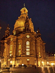 Frauenkirche, Dresden, gamlebyen, bygge, natt, Sachsen, arkitektur