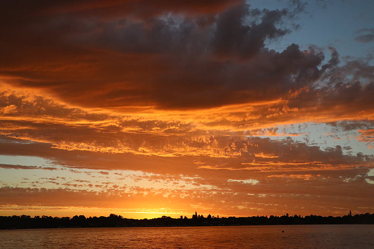 sunset, clouds, orange, river, perth, color, natural