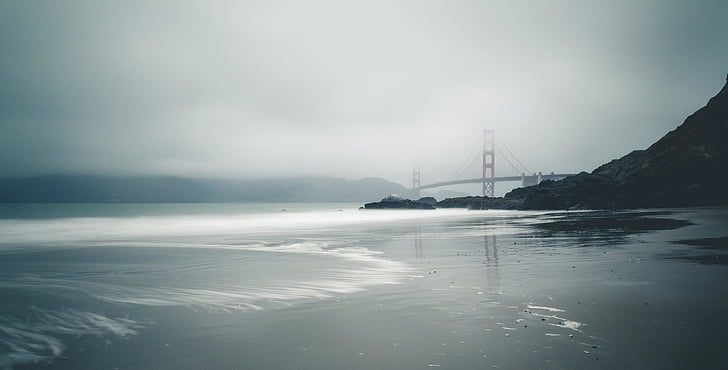 beach, bridge, fog, mist, nature, ocean, outdoors