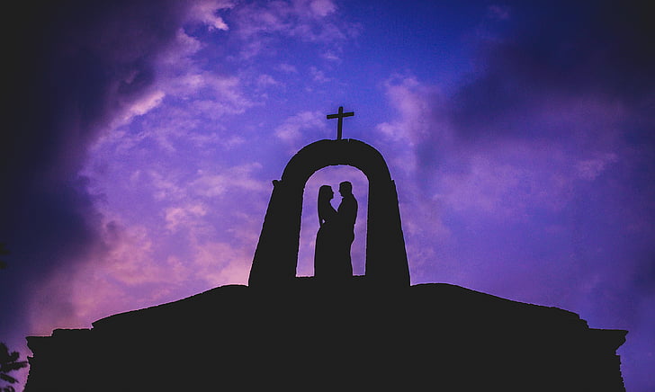 silhouette, two, couple, arc, cross, clouds, sky violet
