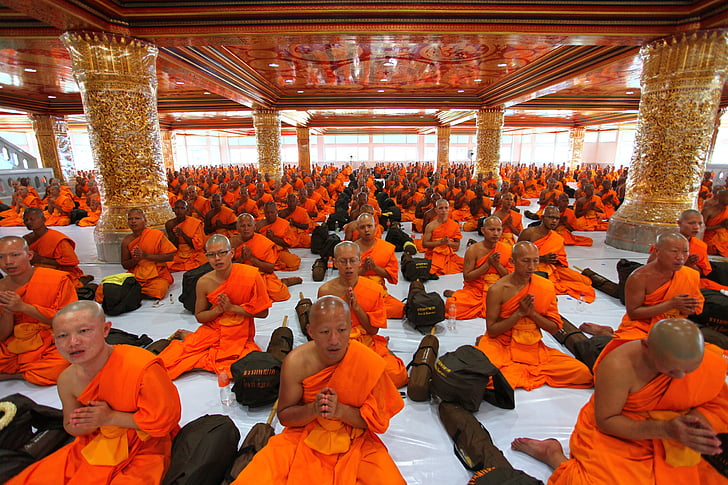 Temple, monjos, pregar, budistes, Tailàndia, meditar, grup