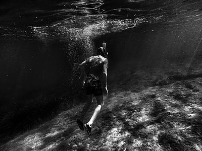 black, white, people, girl, swimming, black and white, underwater