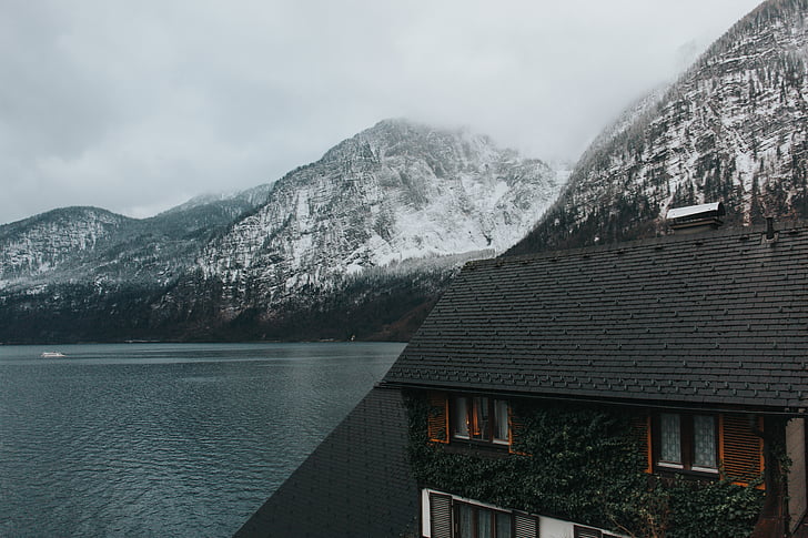 muntanyes, natura, neu, Llac, l'aigua, casa, núvols