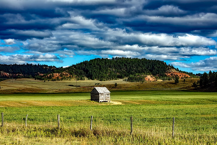 wyoming, shed, farm, ranch, mountains, valley, sky