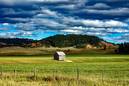 Wyoming, döken, çiftlik, çiftlik, dağlar, vadi, gökyüzü