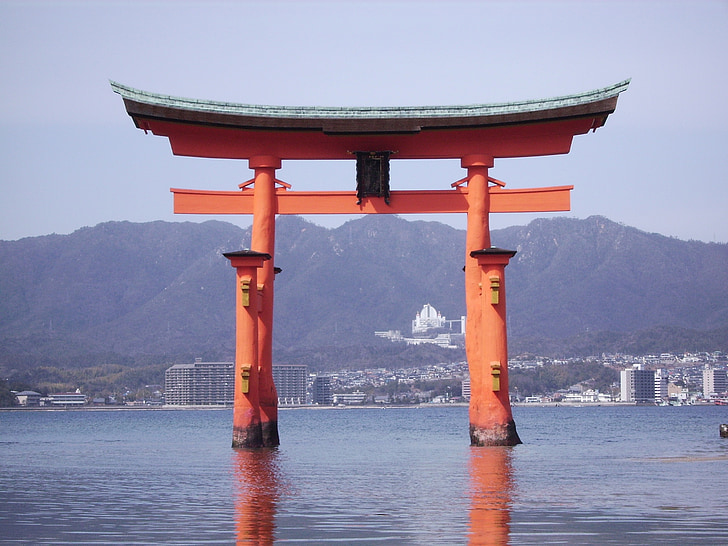 Japan, Miyajima, ön, Torii, röd, landskap, altare