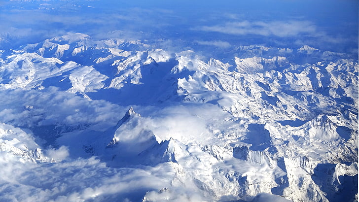 Alpin, Schweiz, vinter, bergen, Flygfoto, resor