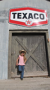 Texaco, stari zahodu, kositra skladišče, vrata, West texas, bencin podjetja, znak