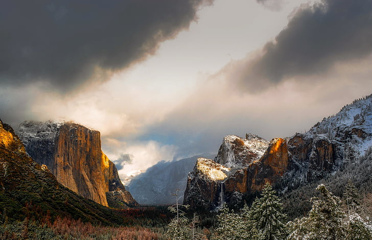 Yosemite, nationalparken, Kalifornien, snö, bergen, landskap, Sky