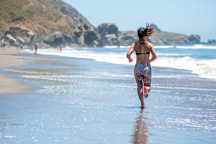 woman, floral, leggings, running, shore, daytime, sea
