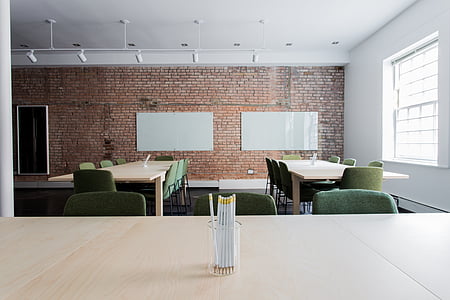 bricks, chairs, classroom, empty, office, room, tables