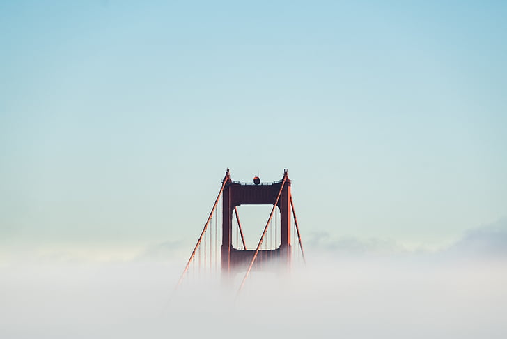 fog, golden gate bridge, bay area, suspension bridge, infrastructure, clouds, in the clouds