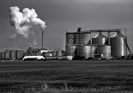 etanol, Anläggningen, byggnader, förvaring, fältet, Iowa, landsbygdens