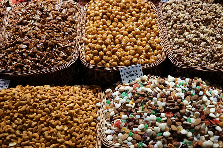 nuts, market, market stall, sell, almonds, pistachios, walnuts