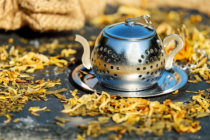 teapot, tee, pot, stainless steel, sieve, tea, tea cup