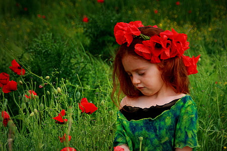 Момиче, макове, червен, червена коса, лагер, цвете, фентъзи