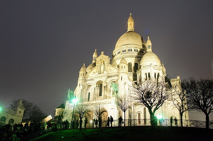 Párizs, Sacre-coeur, templom, Montmartre, Sacre-coeur, abendstimmung, éjszakai fénykép