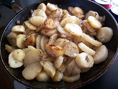 fried potatoes, potatoes, chip potatoes, meal, lunch, frying pan, fried