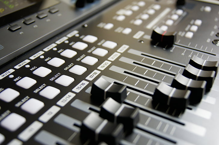 mixer de áudio, botões de, close-up, controles, eletrônica, música, som