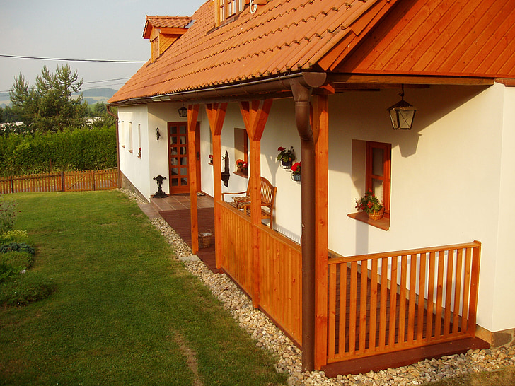huis, veranda, gras, Cottage