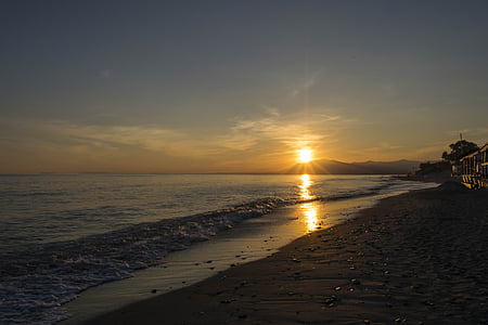 solnedgang, sjøen, sand, solstråle, ro