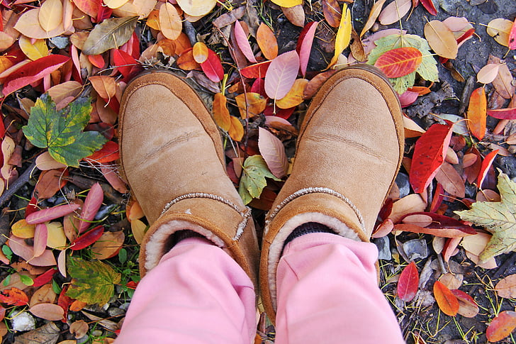 autumn, boots, colorful, dry leaves, fall, feet, footwear