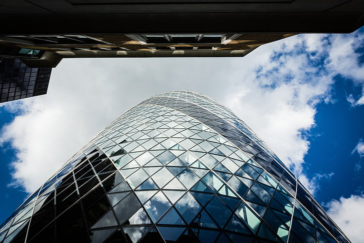 office buildings, glass, reflection, sky, london, the gherkin, business