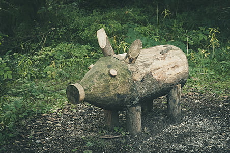 boar, holzfigur, carving, pig, sow, wood, nature trail
