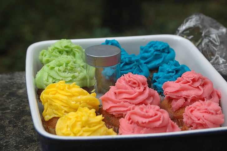 kleurrijke, cupcakes, eten, blauw, roze, kunstmatige, bak