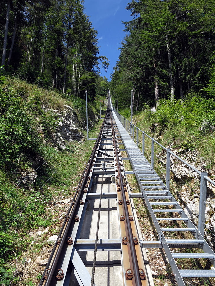 tracks, mountain railway, upward, railway engineering, stairs, mountain, forest