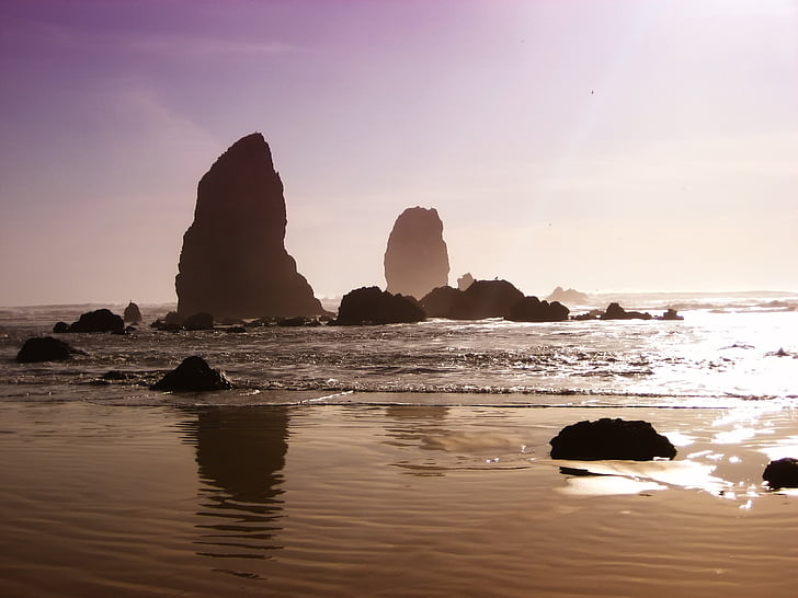 Oregon, areia da praia, pedras, formações de, céu, mar, oceano