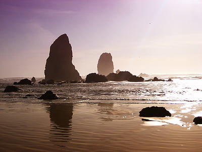 oregon, beach sand, rocks, formations, sky, sea, ocean