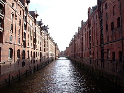 Hamburg, Speicherstadt, lager, murstein, kanal, Klink, arkitektur