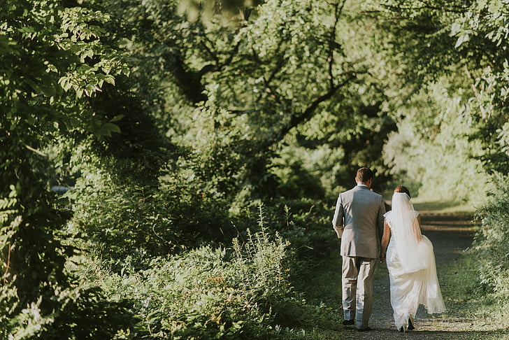 wedding, couple, walking, path, white, green, trees