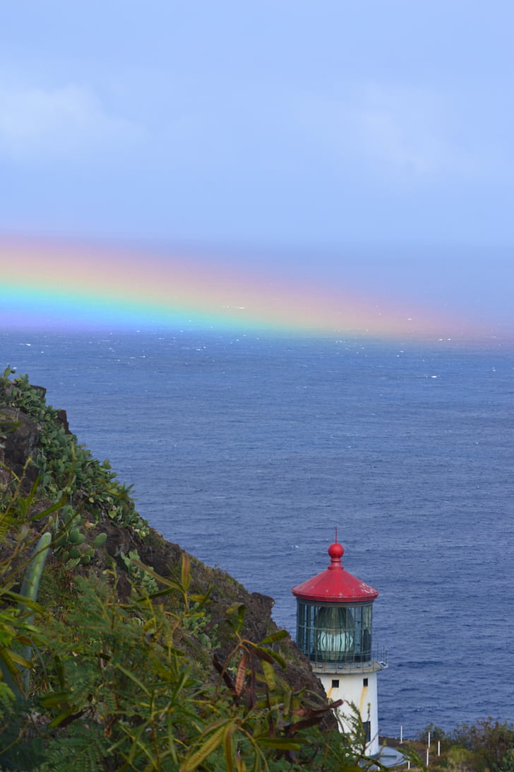 Faro, arco iris, Océano, Hawaii