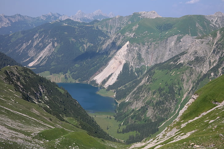 vilsalpsee, neunerköpfle, flüh vermelho, Gimpel, Alpes Allgäu, bergsee, idílio