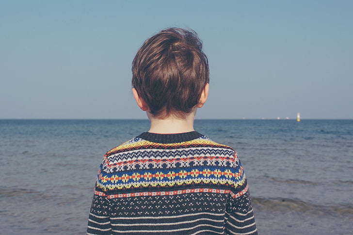 child, facing away, looking, ocean, patterns, scenery, sea