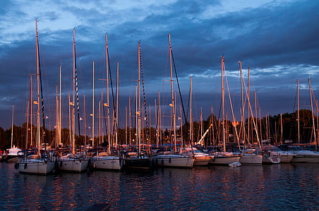 boats, sailboats, sunset, sea, sails, tranquility, marina