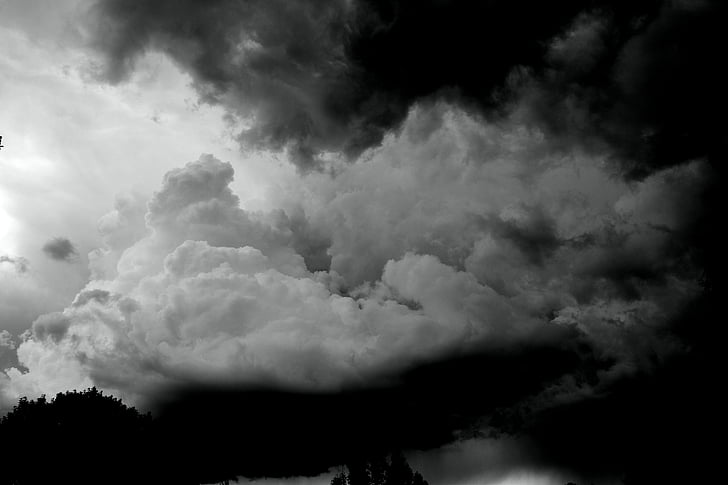 en blanc i negre, núvols, fosc, natura, silueta, cel