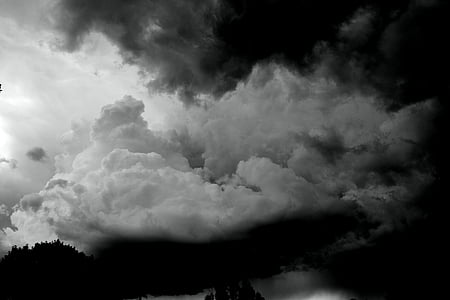 black-and-white, clouds, dark, nature, silhouette, sky