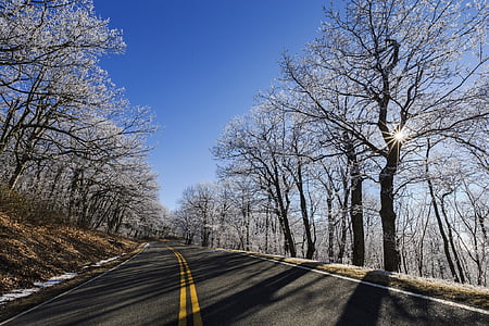 téli, Skyline-meghajtó, jég, táj, úttest, fák, Shenandoah nemzeti park