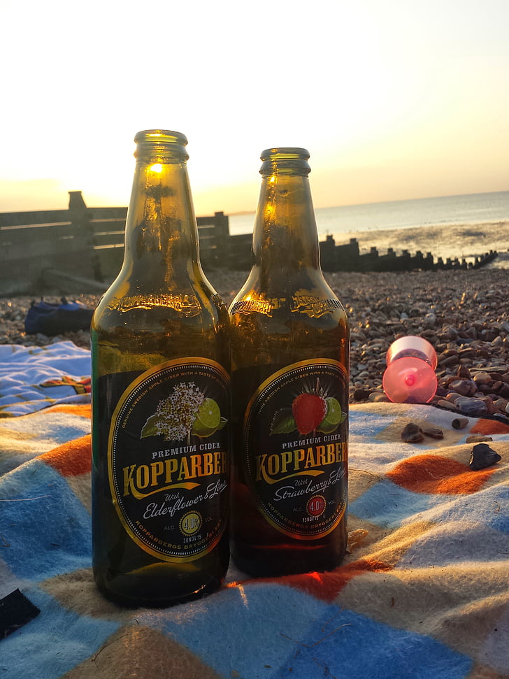 bottle, beach, beer, picnic, sunset, cider, drink